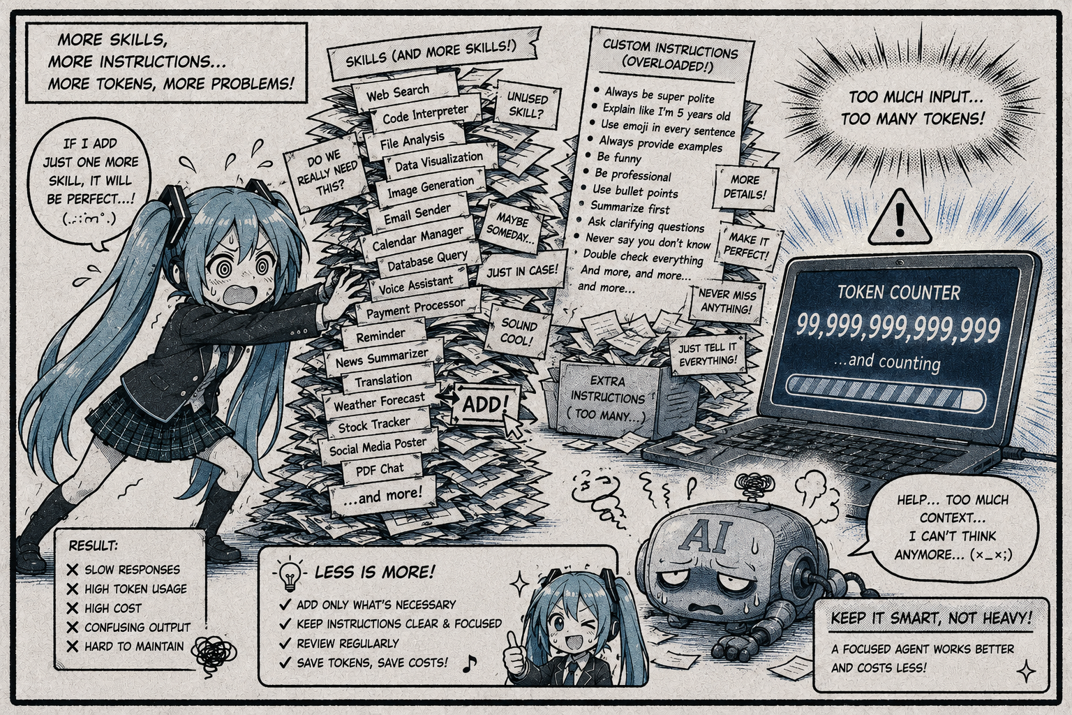 Unused skills and instructions are still loaded into every prompt, consuming tokens unnecessarily